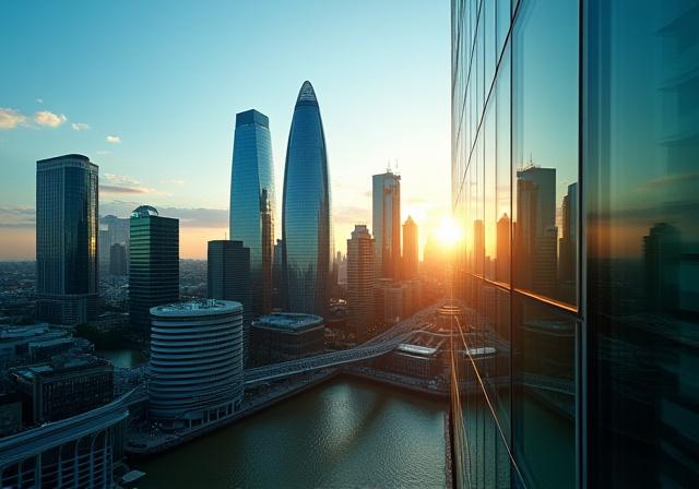 Modern London skyline viewed through a glass window