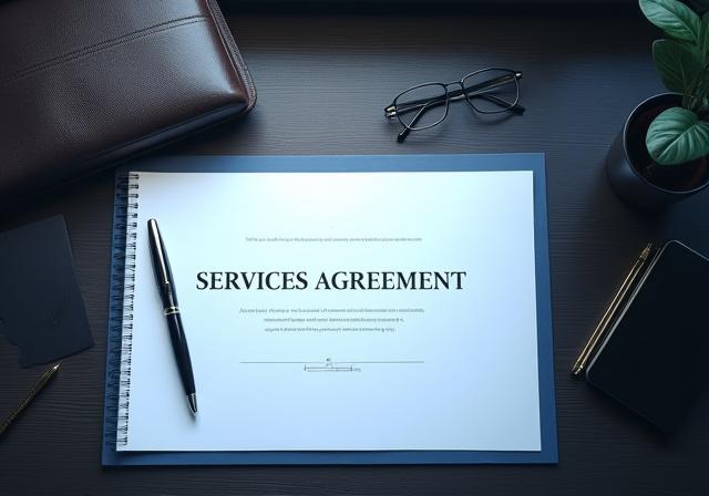 Close up of architectural drafting tools and legal documents on a dark wooden table